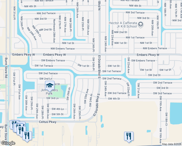 map of restaurants, bars, coffee shops, grocery stores, and more near 2429 Southwest 2nd Terrace in Cape Coral