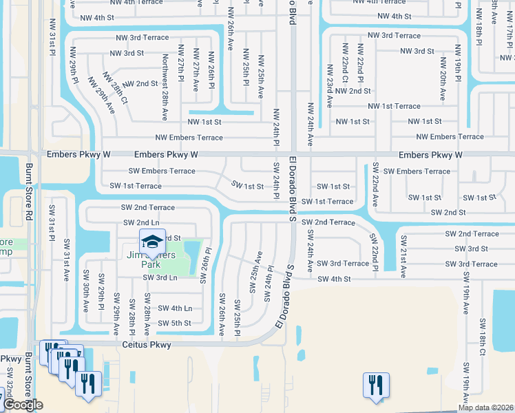 map of restaurants, bars, coffee shops, grocery stores, and more near 2502 Southwest 1st Terrace in Cape Coral