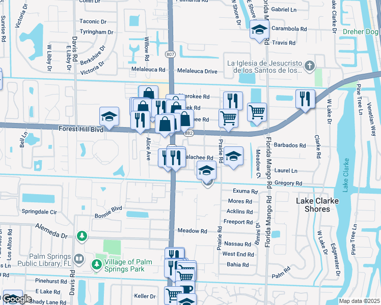map of restaurants, bars, coffee shops, grocery stores, and more near 2909 Apalachee Road in Palm Springs