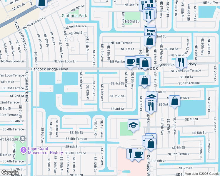 map of restaurants, bars, coffee shops, grocery stores, and more near 1317 Southeast 1st Terrace in Cape Coral
