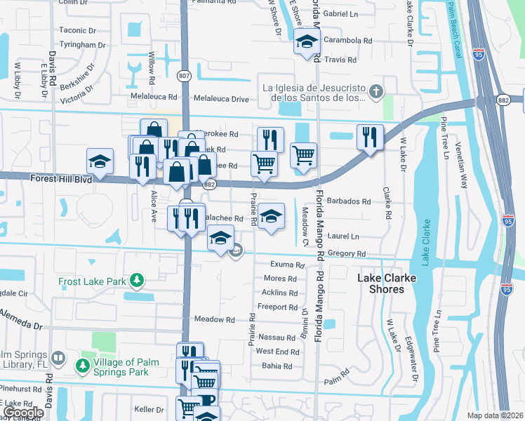 map of restaurants, bars, coffee shops, grocery stores, and more near 2715 Prairie Lane in Palm Springs