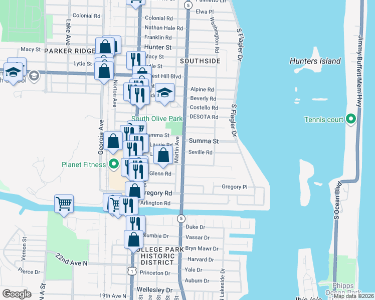 map of restaurants, bars, coffee shops, grocery stores, and more near 261 Seville Road in West Palm Beach