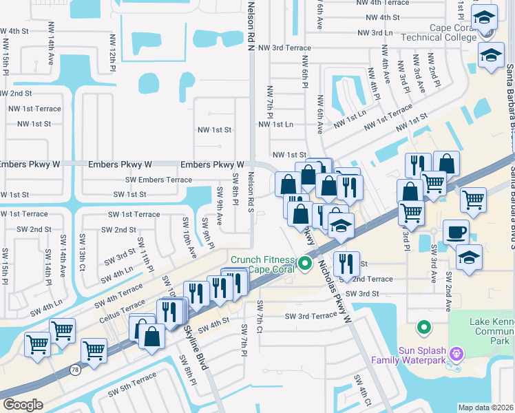 map of restaurants, bars, coffee shops, grocery stores, and more near 109 Nelson Road North in Cape Coral