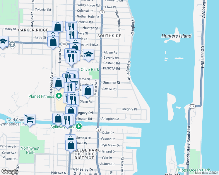 map of restaurants, bars, coffee shops, grocery stores, and more near 233 Seville Road in West Palm Beach