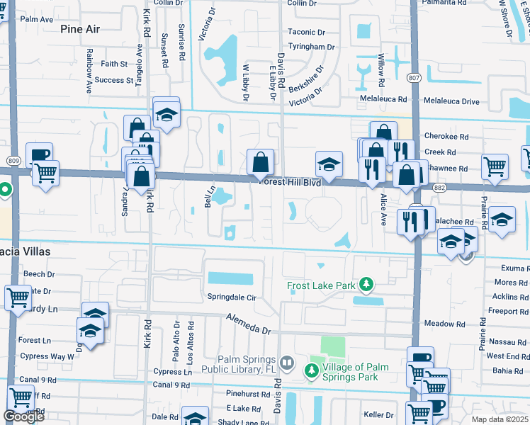 map of restaurants, bars, coffee shops, grocery stores, and more near 1889 Palm Acres Drive in Palm Springs