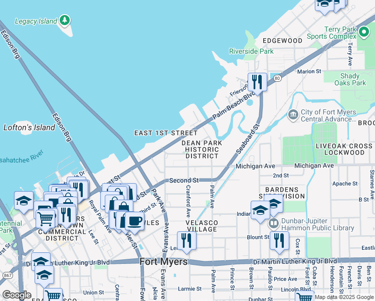map of restaurants, bars, coffee shops, grocery stores, and more near 2716 Providence Street in Fort Myers