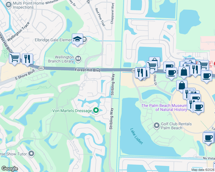map of restaurants, bars, coffee shops, grocery stores, and more near 2124 Wightman Drive in Wellington