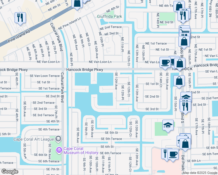 map of restaurants, bars, coffee shops, grocery stores, and more near 1112 Southeast 1st Terrace in Cape Coral