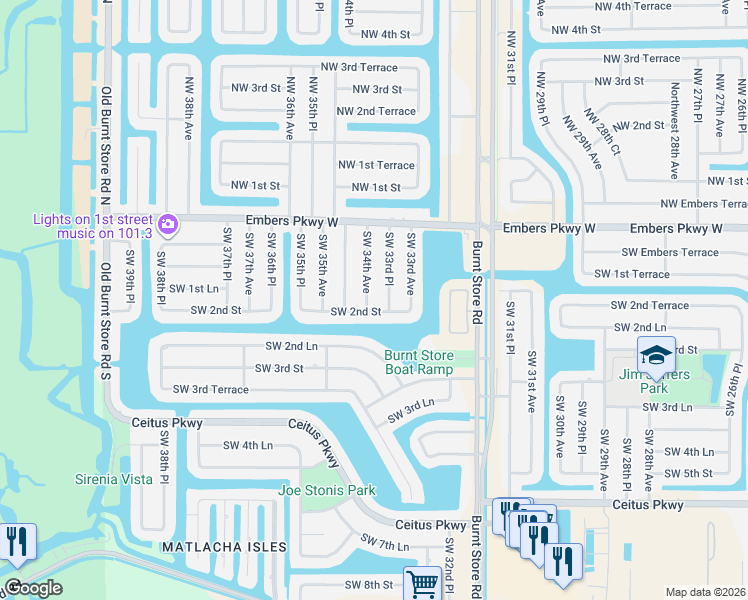 map of restaurants, bars, coffee shops, grocery stores, and more near 3318 Southwest 2nd Street in Cape Coral
