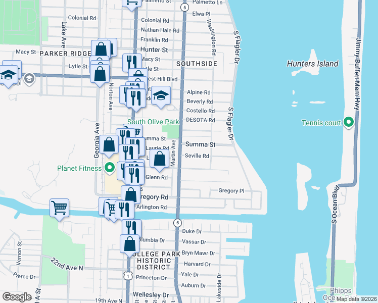 map of restaurants, bars, coffee shops, grocery stores, and more near 260 Seville Road in West Palm Beach