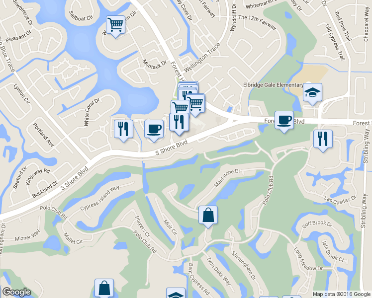 map of restaurants, bars, coffee shops, grocery stores, and more near 12140 Sunnydale Drive in Wellington
