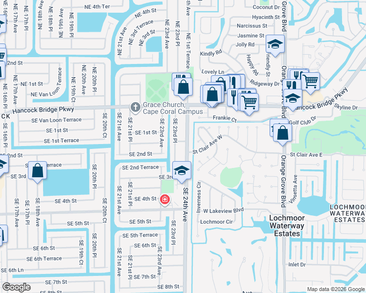 map of restaurants, bars, coffee shops, grocery stores, and more near in Cape Coral