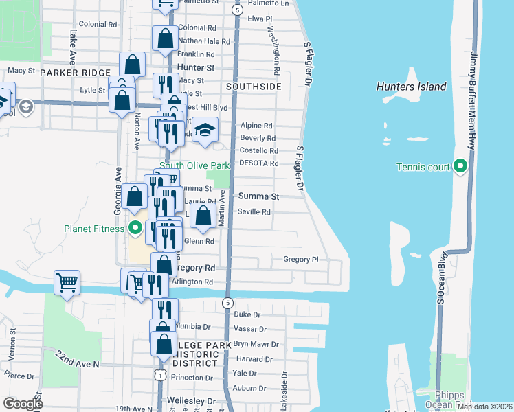 map of restaurants, bars, coffee shops, grocery stores, and more near 220 Seville Road in West Palm Beach