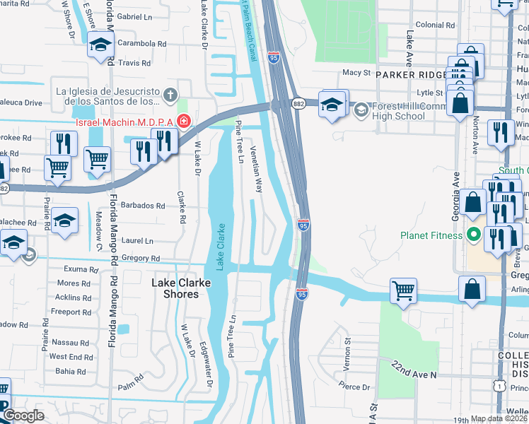 map of restaurants, bars, coffee shops, grocery stores, and more near 7304 Pine Tree Lane in West Palm Beach