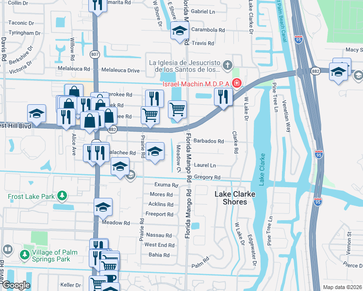 map of restaurants, bars, coffee shops, grocery stores, and more near 1856 Meadow Court in West Palm Beach