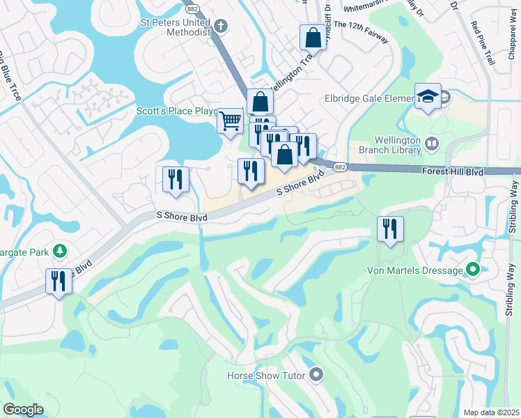 map of restaurants, bars, coffee shops, grocery stores, and more near 12140 Sunnydale Drive in Wellington