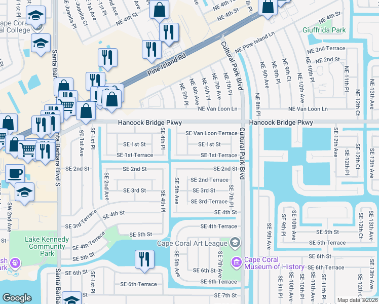 map of restaurants, bars, coffee shops, grocery stores, and more near 525 Southeast 1st Terrace in Cape Coral