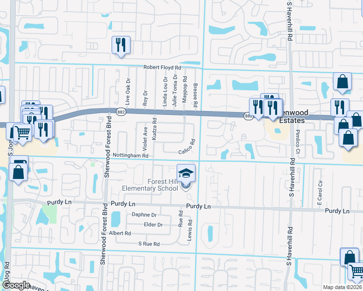 map of restaurants, bars, coffee shops, grocery stores, and more near 5572 Calico Road in West Palm Beach