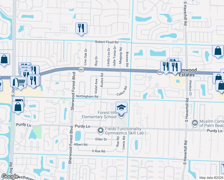 map of restaurants, bars, coffee shops, grocery stores, and more near 5668 Calico Road in West Palm Beach
