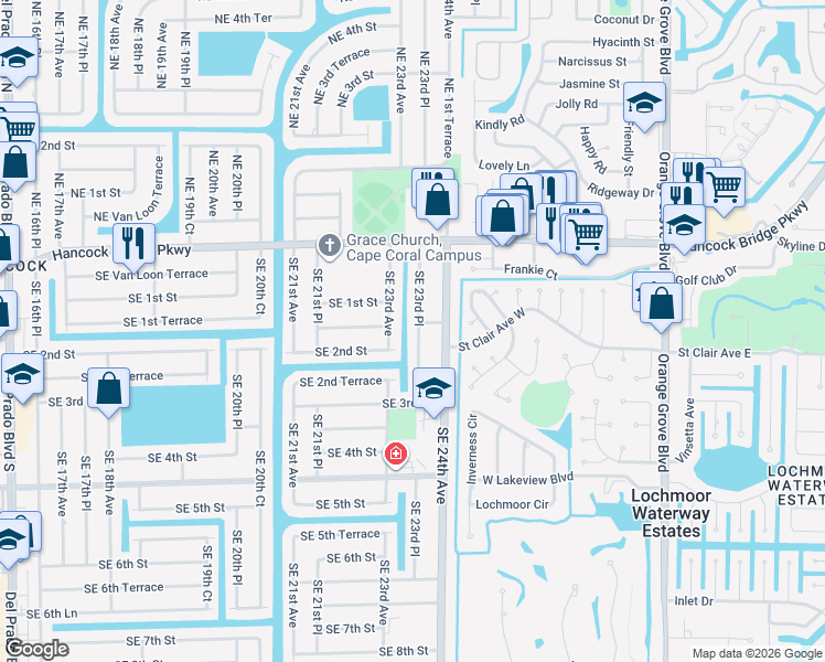 map of restaurants, bars, coffee shops, grocery stores, and more near 130 Southeast 23rd Place in Cape Coral