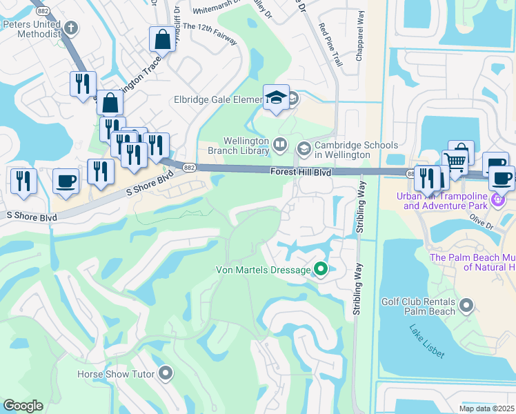 map of restaurants, bars, coffee shops, grocery stores, and more near 11311 Pond View Drive in Wellington