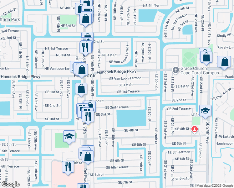 map of restaurants, bars, coffee shops, grocery stores, and more near 1821 Southeast 2nd Street in Cape Coral