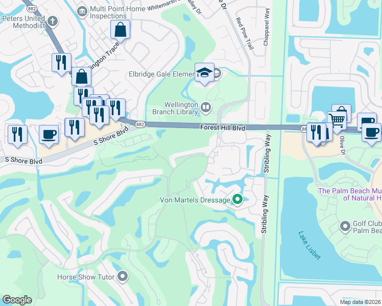 map of restaurants, bars, coffee shops, grocery stores, and more near 11311 Pond View Drive in Wellington