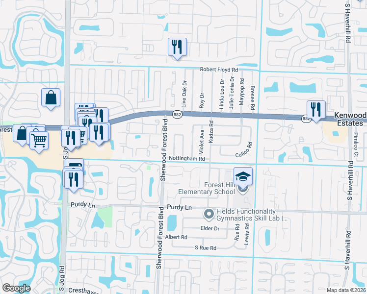 map of restaurants, bars, coffee shops, grocery stores, and more near 5867 Nottingham Road in West Palm Beach