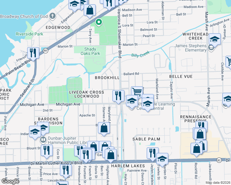 map of restaurants, bars, coffee shops, grocery stores, and more near 1522 Gardenia Avenue in Fort Myers