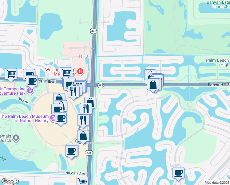 map of restaurants, bars, coffee shops, grocery stores, and more near 9837 Woodworth Court in Wellington