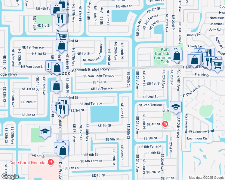 map of restaurants, bars, coffee shops, grocery stores, and more near 1912 Southeast 1st Terrace in Cape Coral