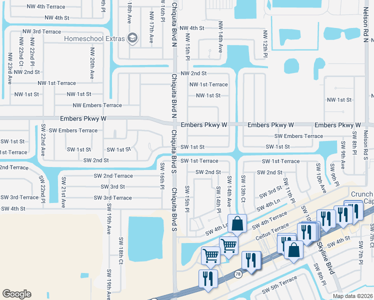 map of restaurants, bars, coffee shops, grocery stores, and more near 22 Southwest 15th Place in Cape Coral