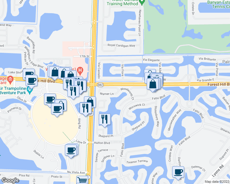 map of restaurants, bars, coffee shops, grocery stores, and more near 9837 Woodworth Court in Wellington