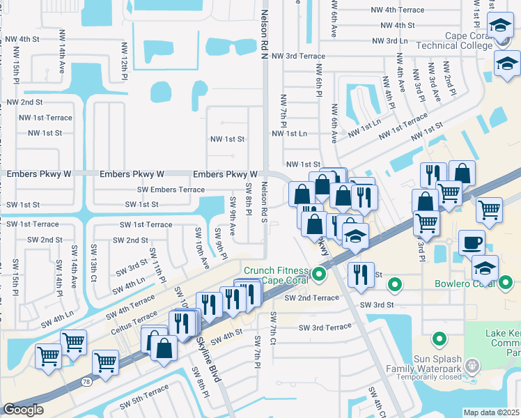 map of restaurants, bars, coffee shops, grocery stores, and more near Nelson Rd S in Cape Coral