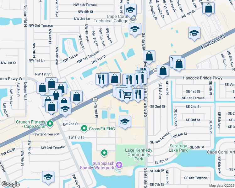 map of restaurants, bars, coffee shops, grocery stores, and more near 114 Hancock Bridge Parkway in Cape Coral