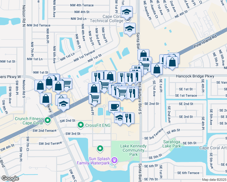 map of restaurants, bars, coffee shops, grocery stores, and more near 114 Hancock Bridge Parkway in Cape Coral