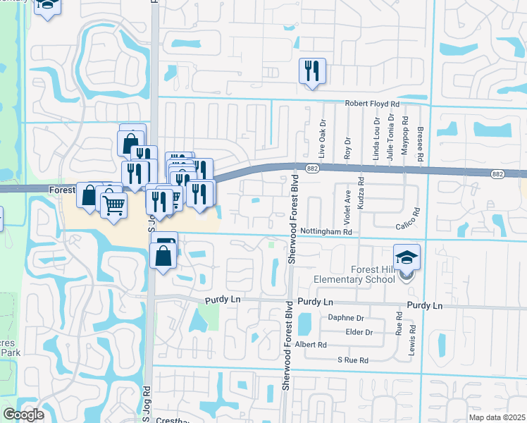map of restaurants, bars, coffee shops, grocery stores, and more near 6164 Forest Hill Boulevard in West Palm Beach