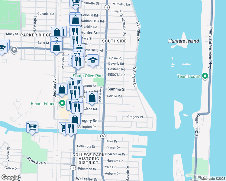 map of restaurants, bars, coffee shops, grocery stores, and more near 234 Summa Street in West Palm Beach