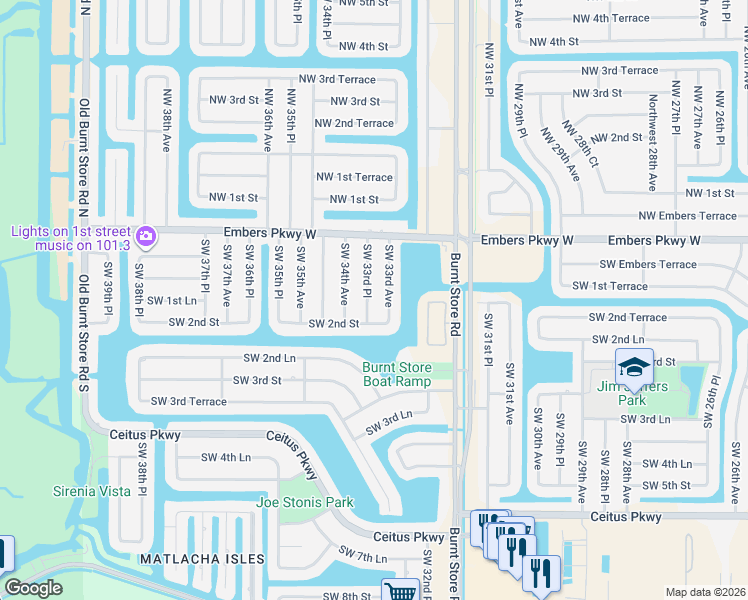 map of restaurants, bars, coffee shops, grocery stores, and more near 118 Southwest 33rd Place in Cape Coral
