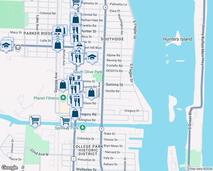 map of restaurants, bars, coffee shops, grocery stores, and more near 261 Summa Street in West Palm Beach