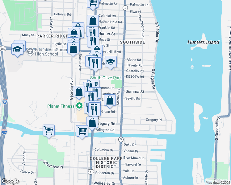 map of restaurants, bars, coffee shops, grocery stores, and more near 330 Summa Street in West Palm Beach