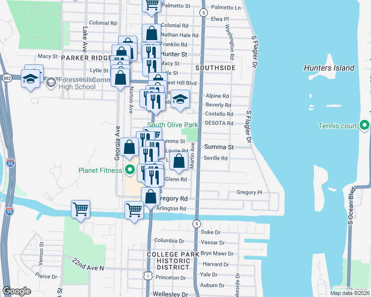 map of restaurants, bars, coffee shops, grocery stores, and more near 330 Summa Street in West Palm Beach
