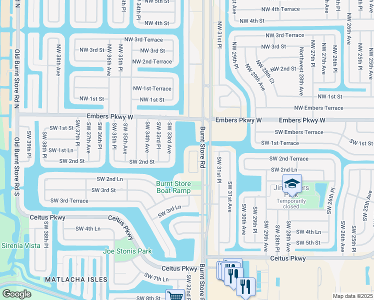 map of restaurants, bars, coffee shops, grocery stores, and more near 112 Burnt Store Road in Cape Coral