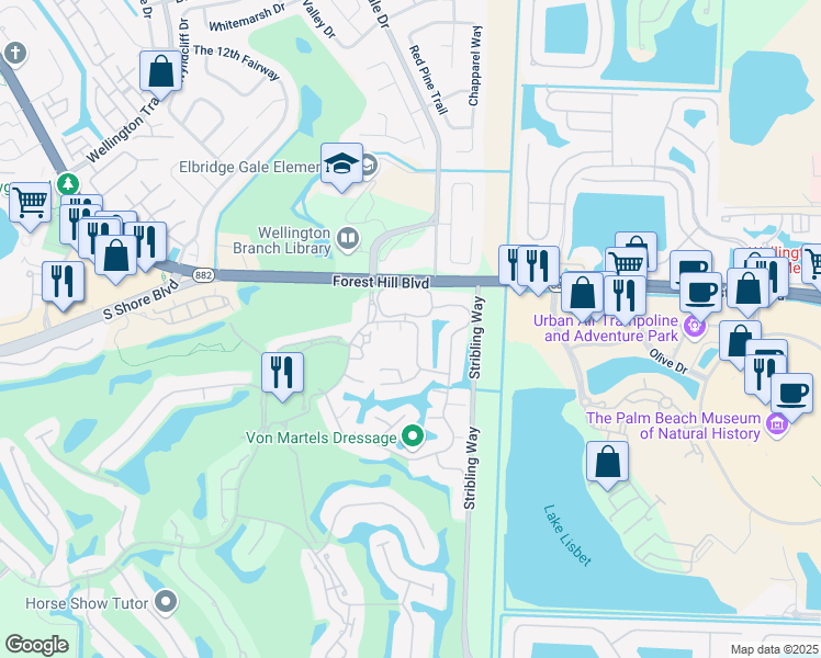 map of restaurants, bars, coffee shops, grocery stores, and more near 11685 Wimbledon Circle in Wellington