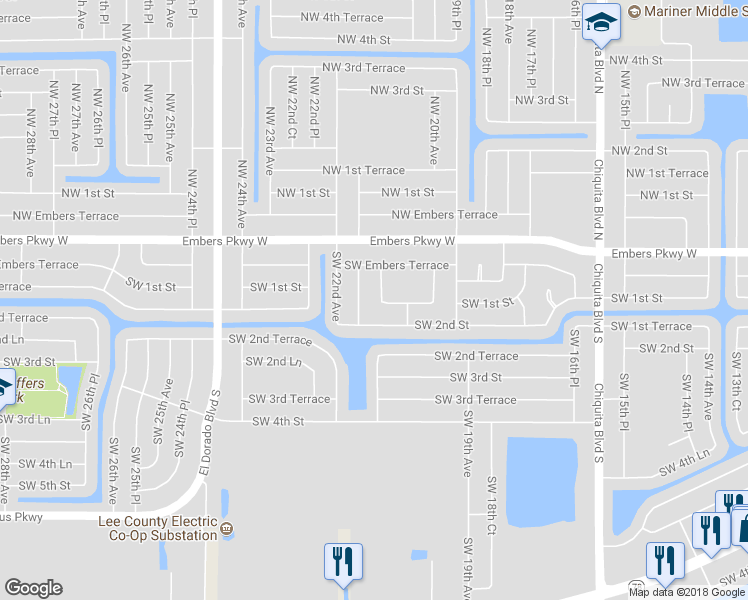 map of restaurants, bars, coffee shops, grocery stores, and more near 28 Southwest 21st Avenue in Cape Coral