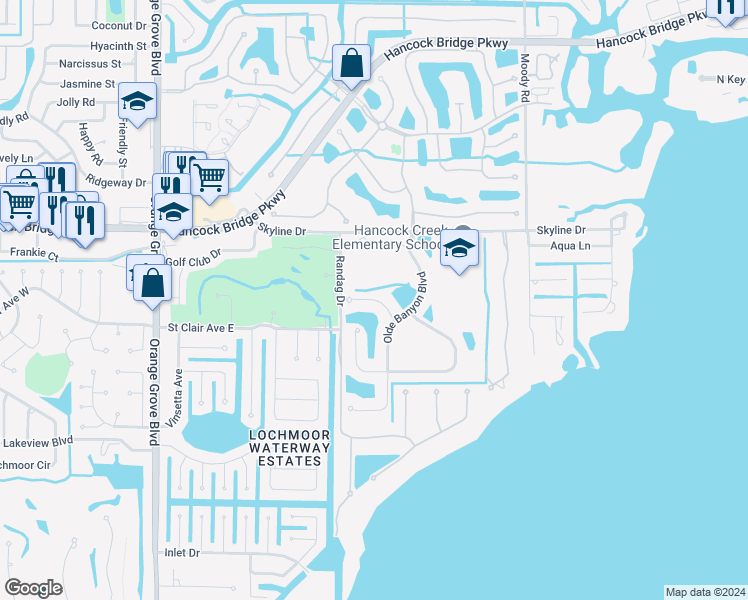 map of restaurants, bars, coffee shops, grocery stores, and more near 3050 Sheltered Oak Place in North Fort Myers