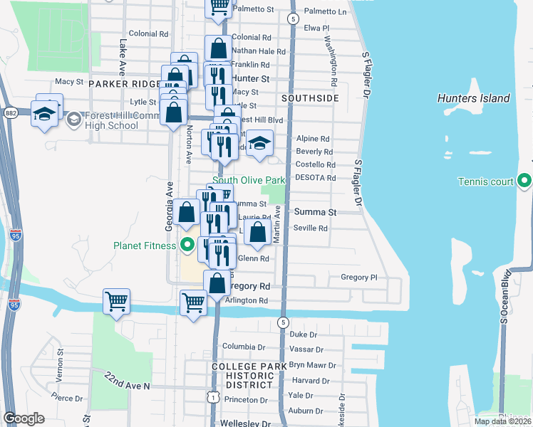 map of restaurants, bars, coffee shops, grocery stores, and more near 330 Summa Street in West Palm Beach