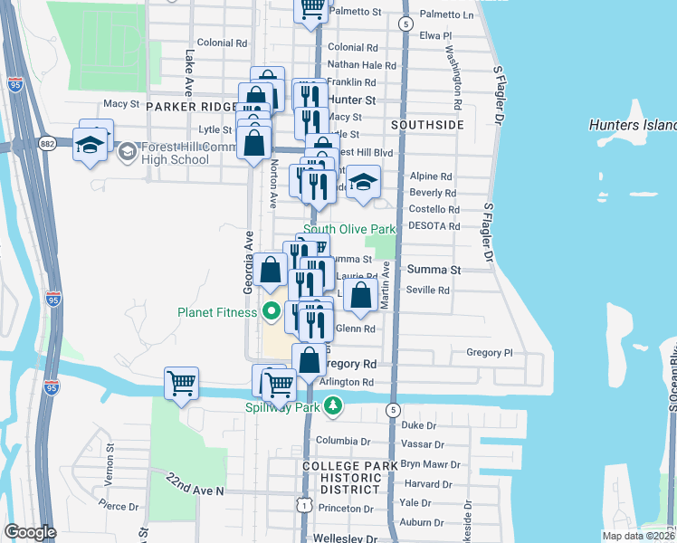 map of restaurants, bars, coffee shops, grocery stores, and more near 375 Laurie Road in West Palm Beach