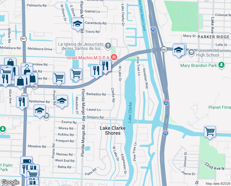 map of restaurants, bars, coffee shops, grocery stores, and more near 7201 Clarke Road in West Palm Beach