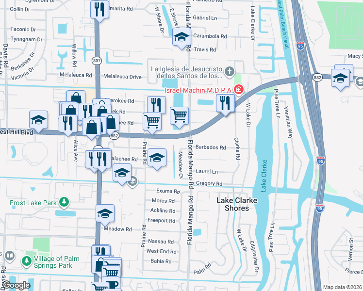 map of restaurants, bars, coffee shops, grocery stores, and more near in Lake Clarke Shores